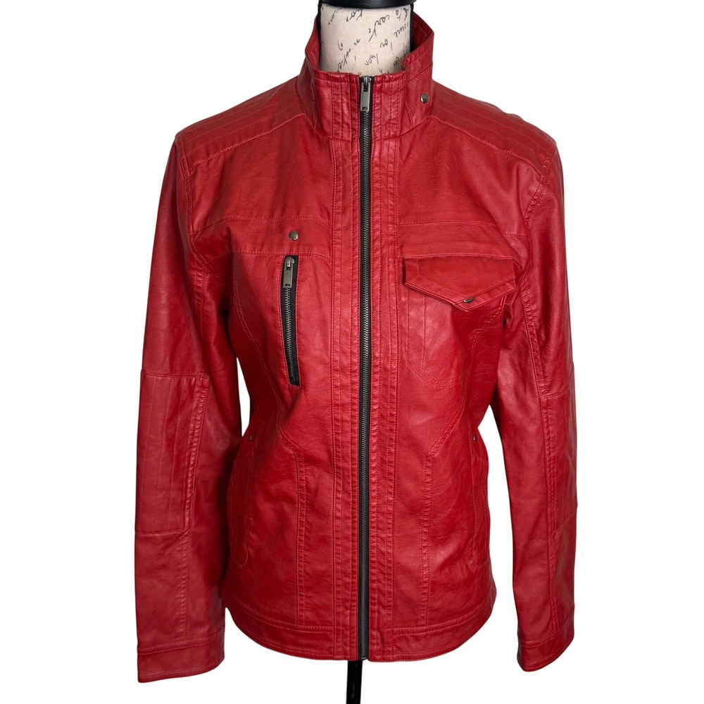 Authorized MatPat Red Faux Leather Moto Jacket Zip Up Stand Collar‎ Womens XS